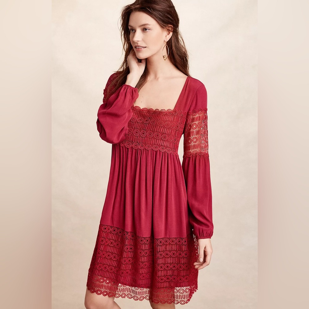 Anthropologie Floreat Avaline Lace & Crepe Dress, Babydoll, Deep Red